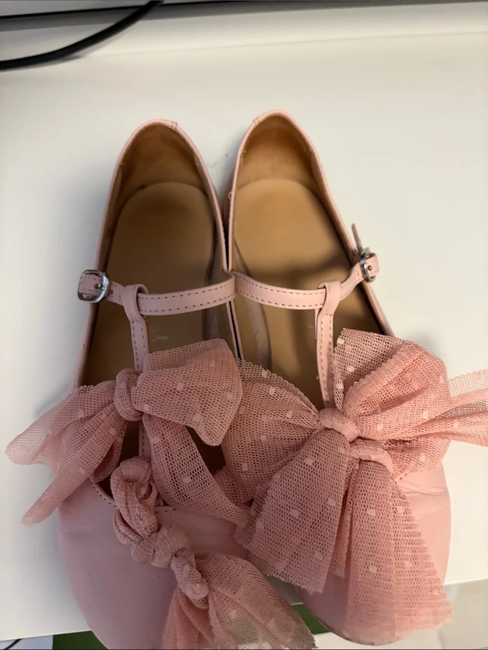 Girls’ Pink T-Strap Dress Flats with Bow Accent Size 34